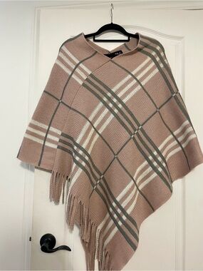 Plaid Fringe Poncho in Dusty Pink and Cream by Cherie Bliss - O/S